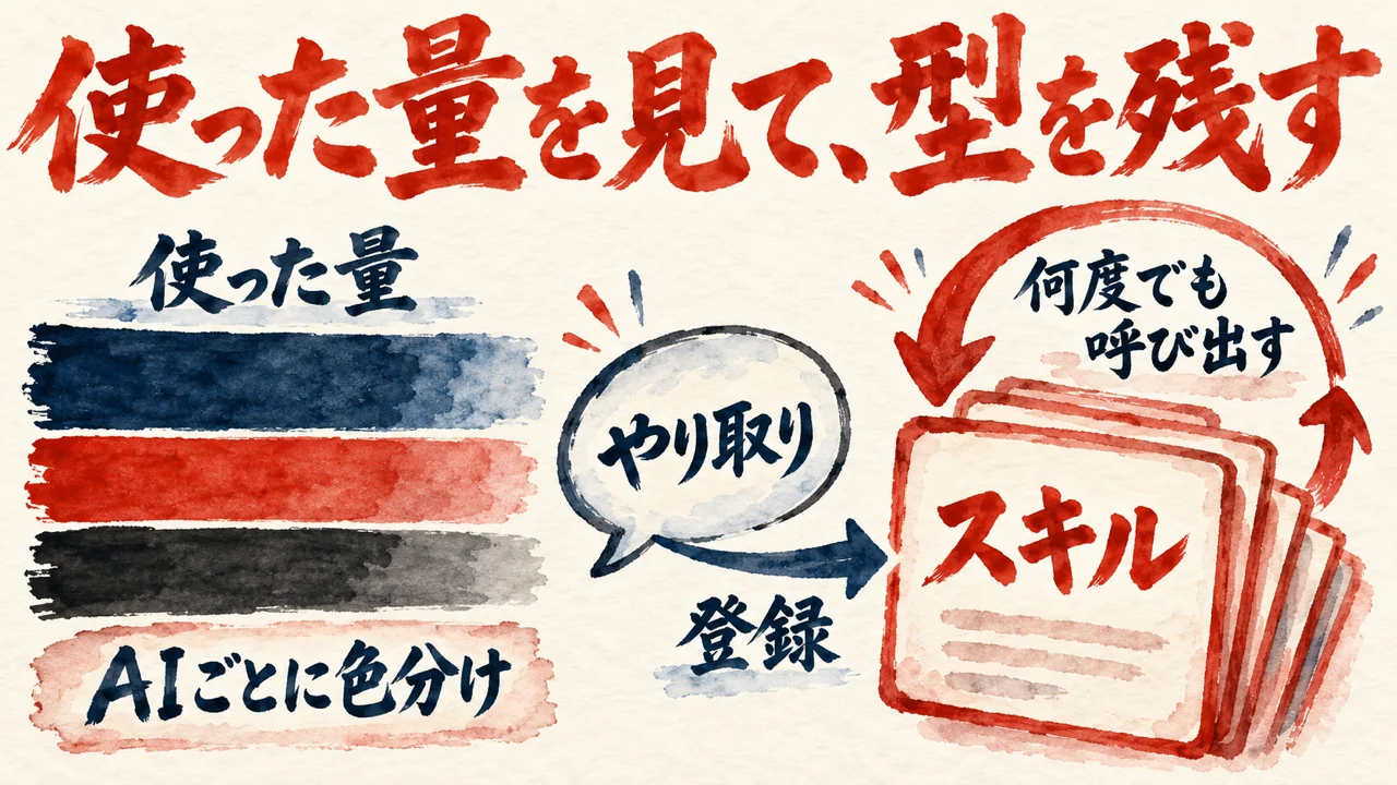 左に使った量の横棒が色分けで3本並び、AIごとに色分けの札。中央のやり取りの吹き出しから登録の矢印が、右のスキルのカードの束へ向かい、何度でも呼び出すの円い矢印が回る図解