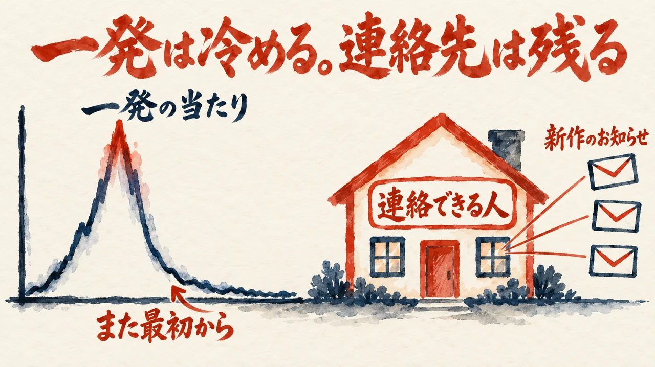左は一発の当たりで高い山になり、すぐ谷へ落ちて、また最初からの札につながる折れ線グラフ。右は連絡できる人の家で、窓から新作のお知らせの封筒が3通届く図解