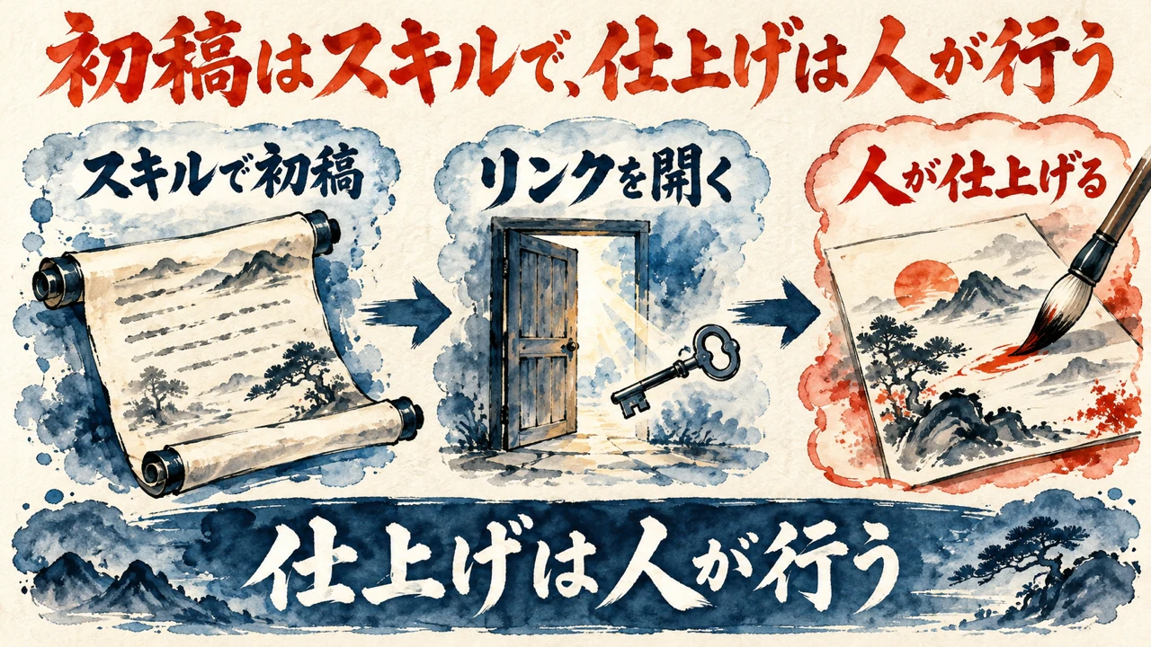 図解。スキルで初稿、リンクを開く、人が仕上げる、の三つの札に、巻物、扉と鍵、筆の水彩画が描かれ、下の帯に仕上げは人が行うの文字。見出しは初稿はスキルで、仕上げは人が行う