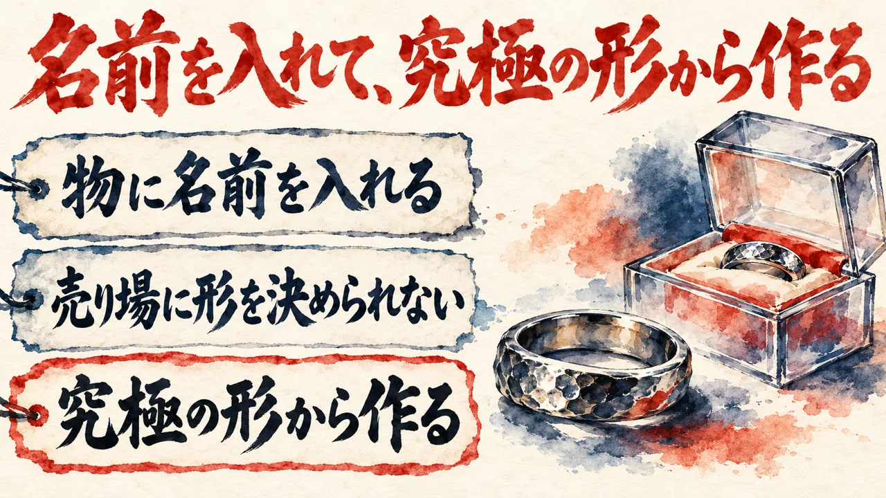 図解。物に名前を入れる、売り場に形を決められない、究極の形から作る、の三つの札が縦に並び、指輪と蓋付きの透明なケースの水彩画が添えられている。見出しは、名前を入れて、究極の形から作る
