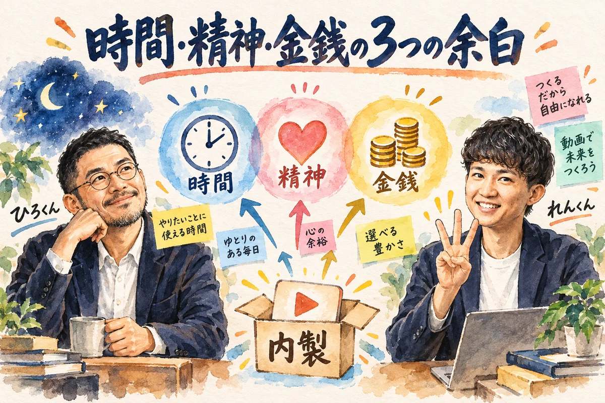 時間・精神・金銭の3つの余白と、外注の内製化を描いたグラレコ