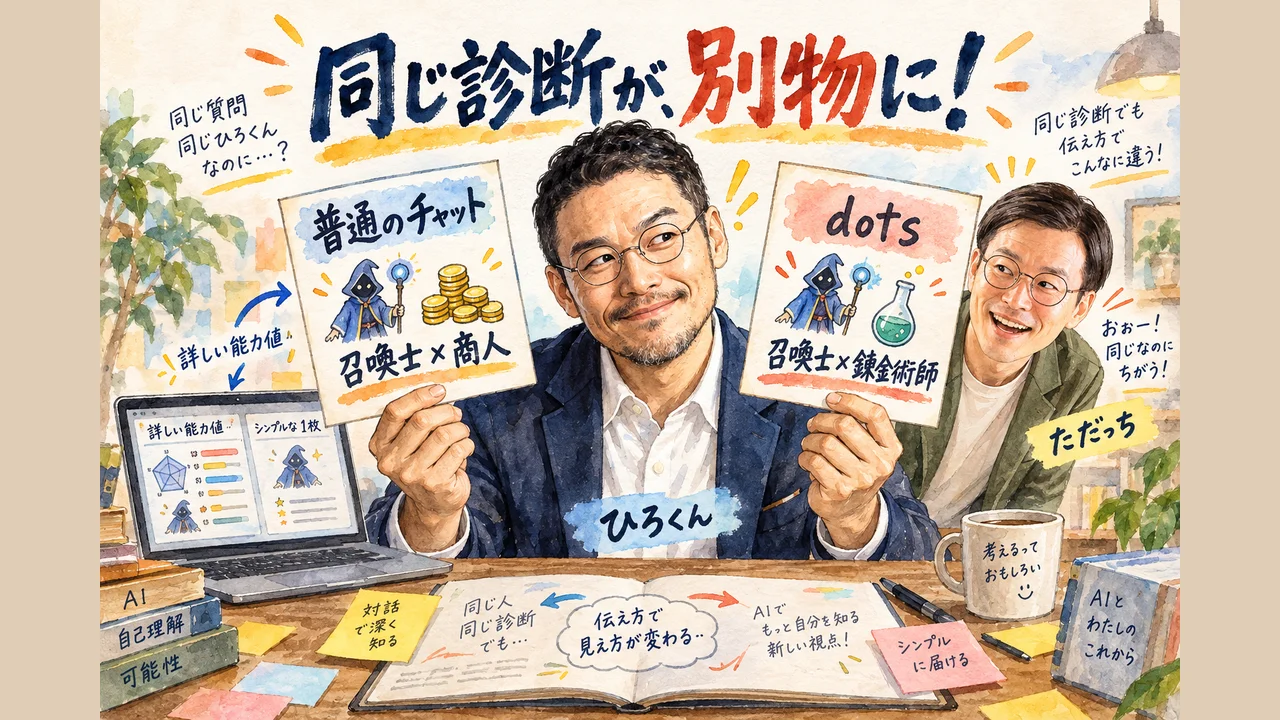 ひろくんが普通のチャットとdotsの診断カードを見比べ、ただっちが驚く場面のグラレコ
