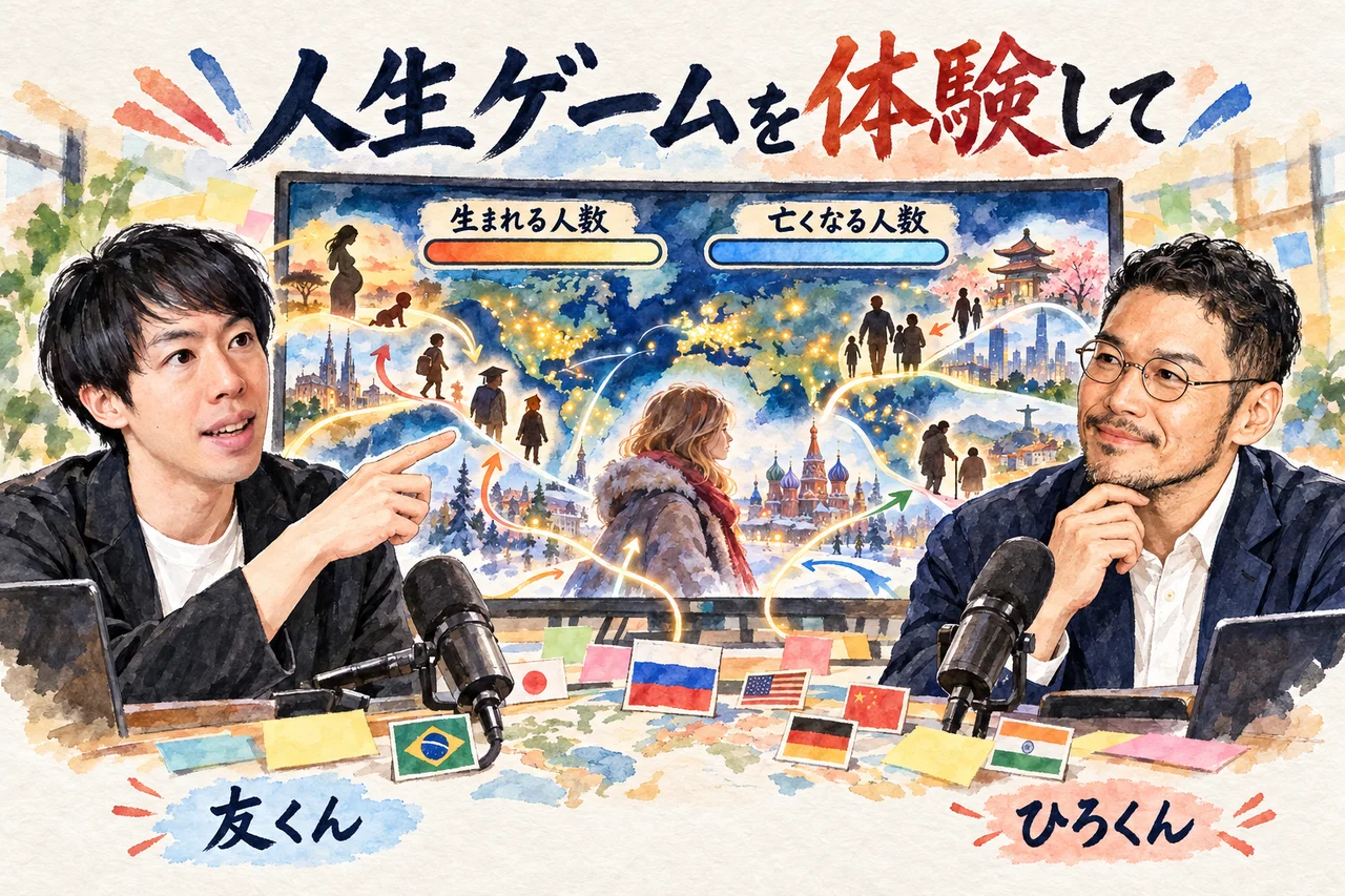 80億分の1とは｜友くんが人生ゲームの画面を説明し、ひろくんがロシアに生まれた体験を思い出す場面