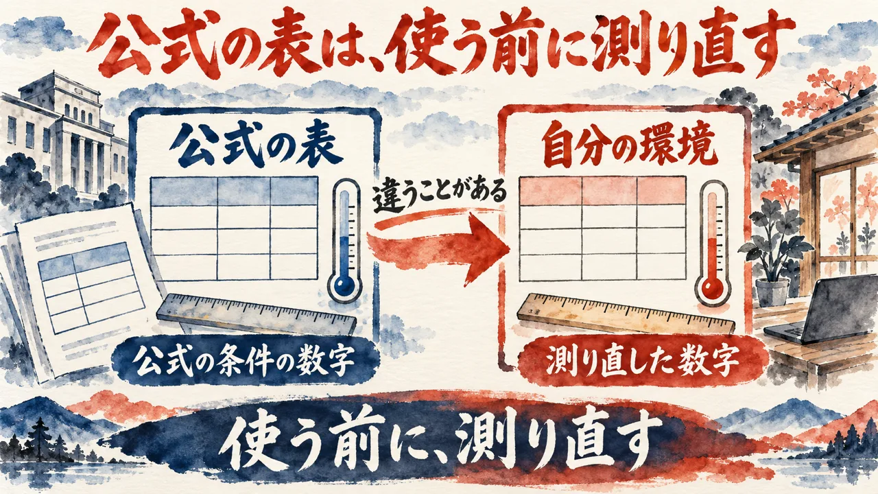 ベンチマークの表の読み方の図解。左に公式の条件の数字、右に自分の環境で測り直した数字を並べ、使う前に測り直すと示している