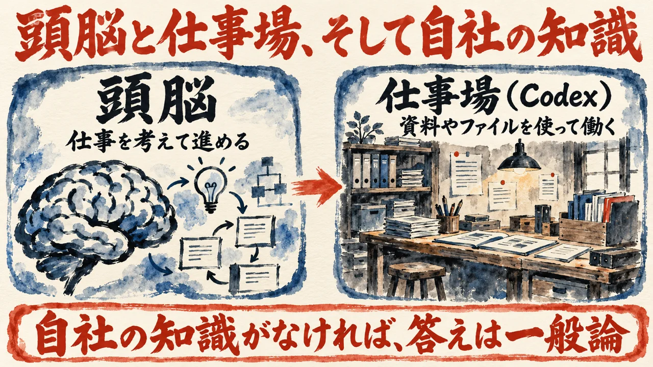頭脳と仕事場の図解。左に仕事を考えて進める頭脳、右に資料やファイルを使いながら働く仕事場のCodex、その下に、自社の知識がなければ答えは一般論になる、と示している