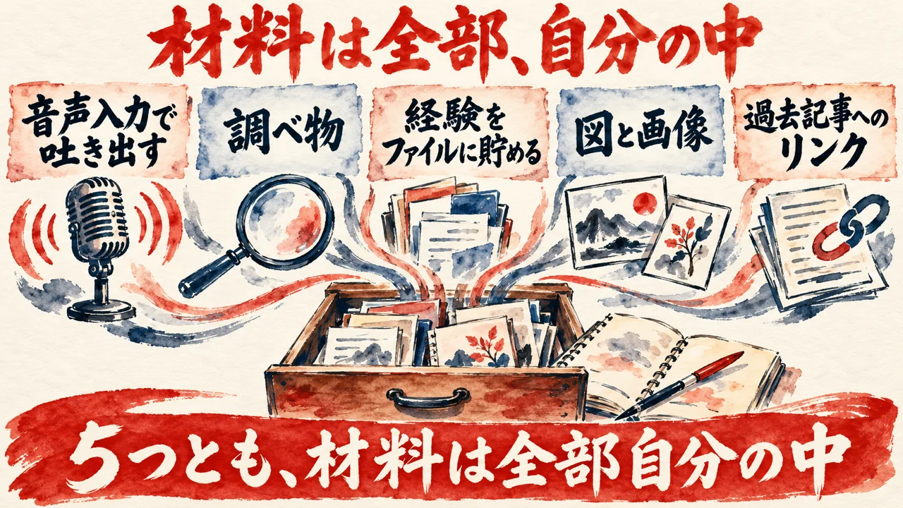 AIの5つの使い方は、音声入力、調べ物、経験のファイル、図と画像、過去記事へのリンク。材料は全部自分の中、と描いた水彩の図解