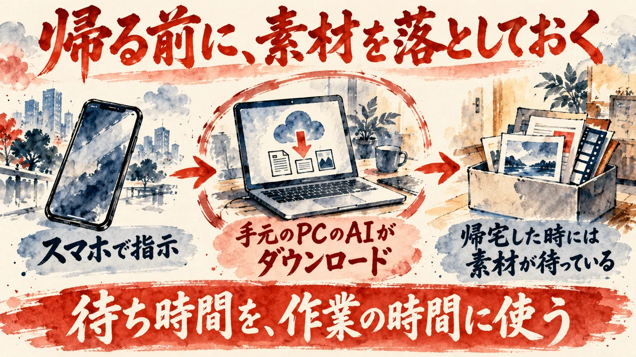 スマホから手元のPCのAIに指示して素材を落とす流れの図解