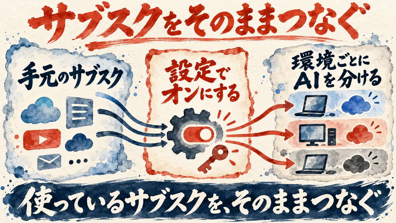 サブスクのつなぎ方の図解。左に手元で使っているサブスク、中央に朱色の枠でT3 Codeの設定画面でオンにする、右に環境ごとにAIを分ける、と矢印で並べ、下に使っているサブスクをそのままつなぐ、と添えている