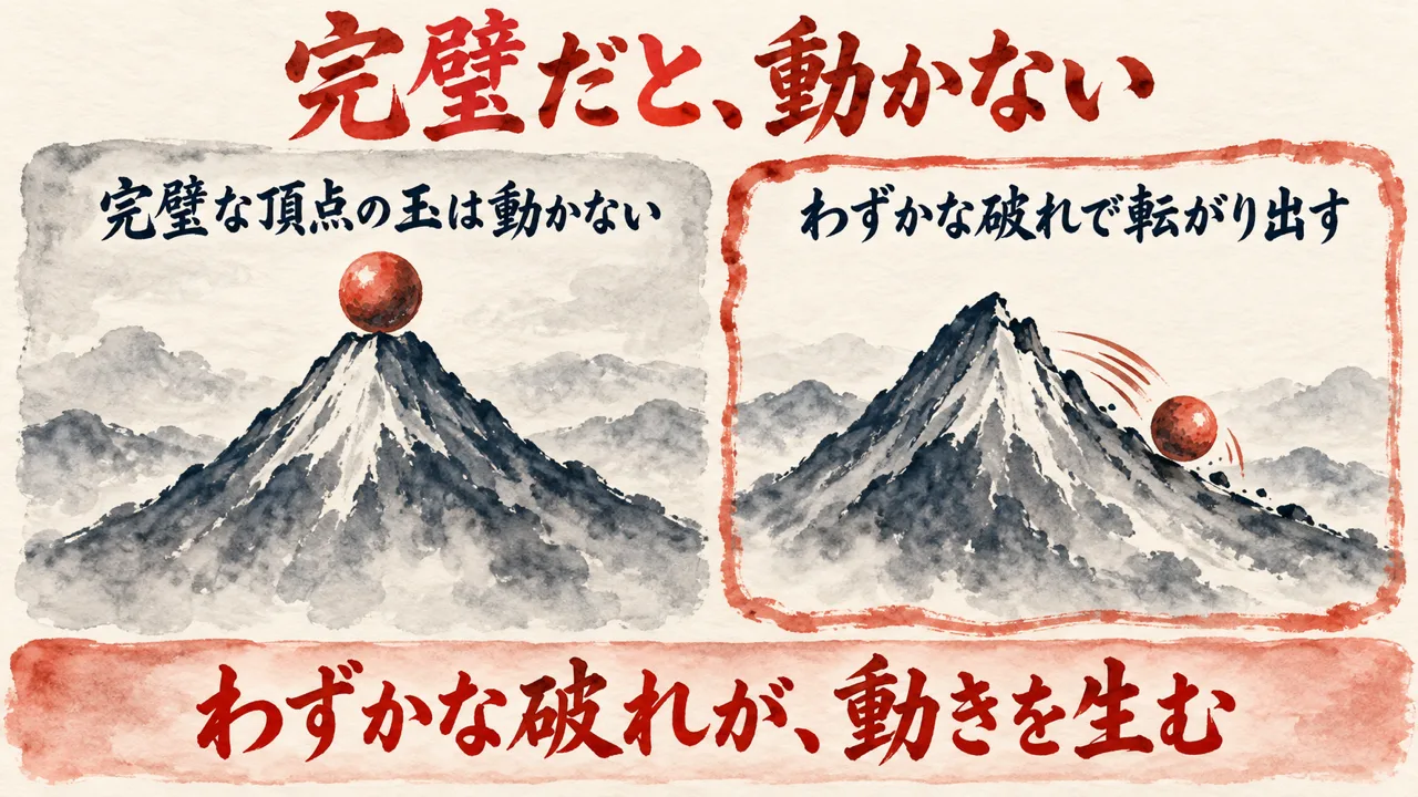 完璧だと動かないことを示す図解。左の山の頂点にある玉は動かず、右では玉が転がり出す。下に、わずかな破れが動きを生む、と添えている