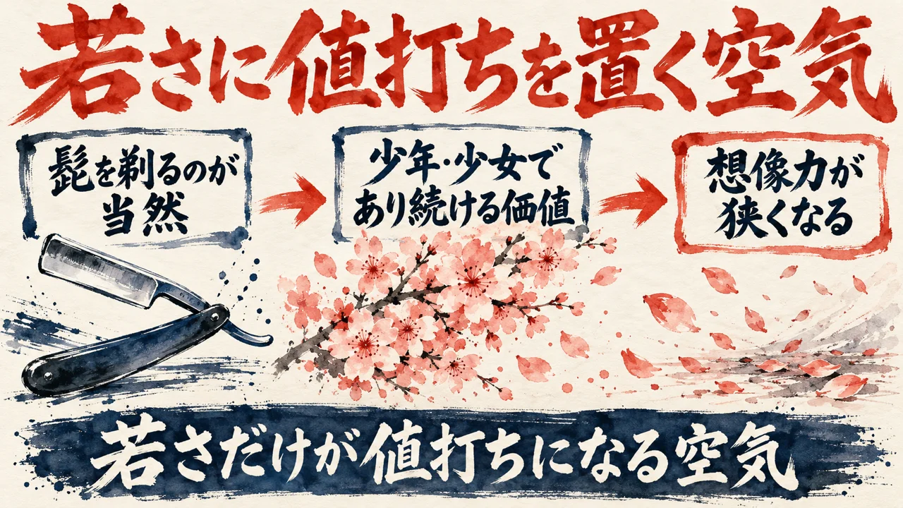 若さに値打ちを置く空気の図解。左に髭を剃るのが当然、中央に少年や少女であり続ける価値、右に想像力が狭くなる、と矢印で並び、下に若さだけが値打ちになる空気、と添えている