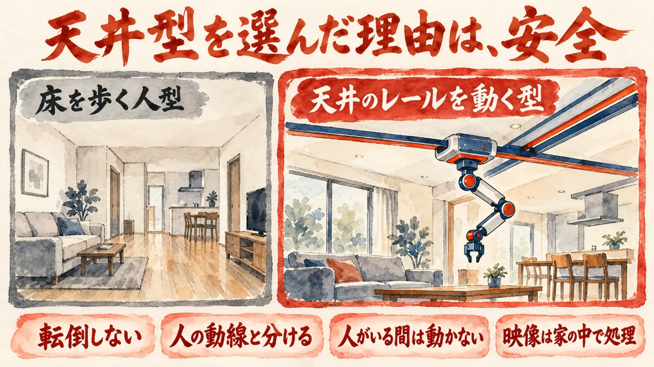 天井を走るロボットを選んだ理由の図解。左に床を歩く人型、右に天井のレールを動く型。右の型に、転倒しない、人の動線と分ける、人がいる間は動かない、映像は家の中で処理、の4つの札を添えている