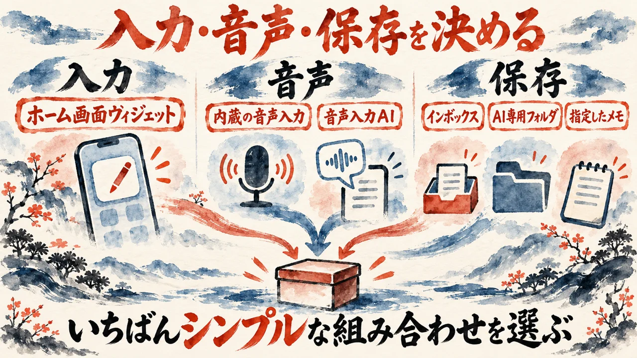 入力・音声・保存の三つに分ける図解。入力はホーム画面ウィジェット、音声は内蔵の音声入力と音声入力AI、保存はインボックスとAI専用フォルダと指定したメモ、と三列に並べている