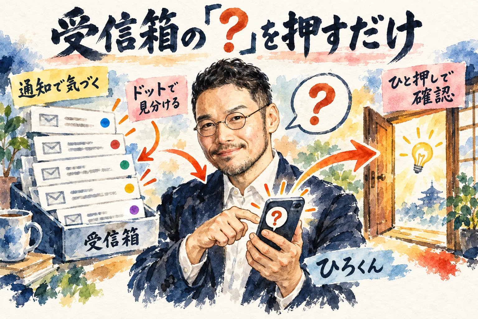 ひろくんが受信箱の通知とドットを見分け、「？」を押して確認する流れを描いたグラレコ
