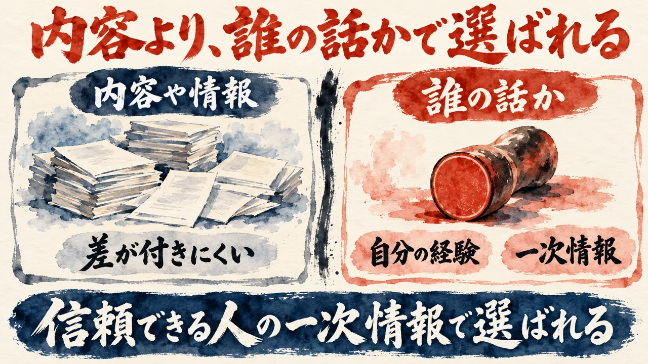 左の内容や情報は差が付きにくい、右の誰の話かは自分の経験と一次情報で選ばれる、と対比する水彩の図解