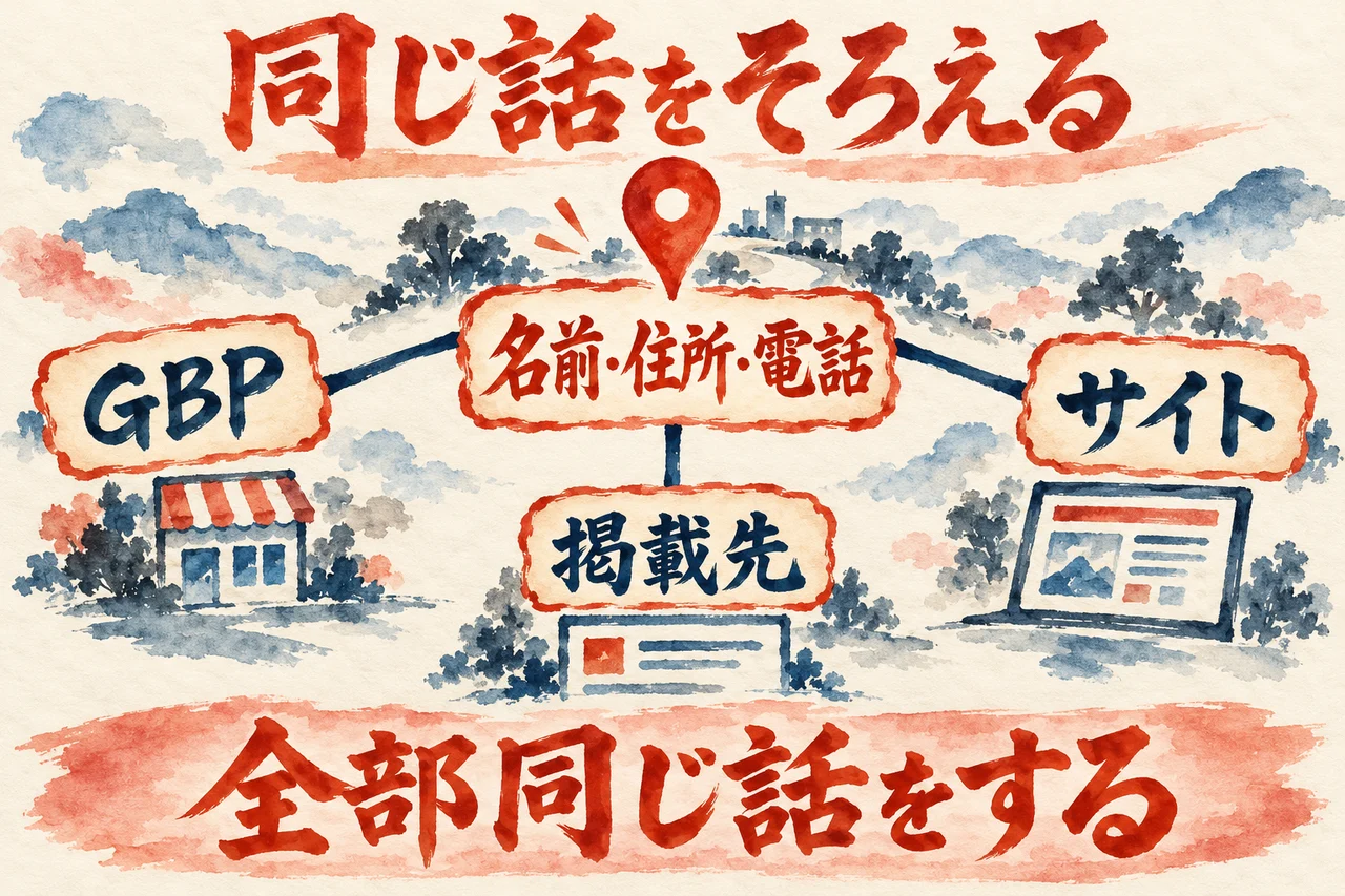 GBPとサイトと掲載先が同じ話をそろえる図解。中央に事業の名前と住所と電話、左にGBP、右にサイト、下に掲載先がつながり、同じ話、と添えている