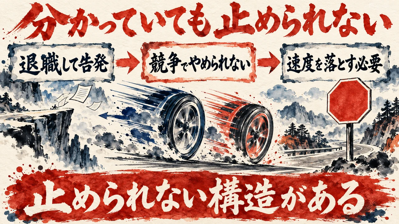 元研究者の告発の図解。左に退職して告発、中央に分かっていても競争でやめられない構造、右に速度を落とす必要を並べている