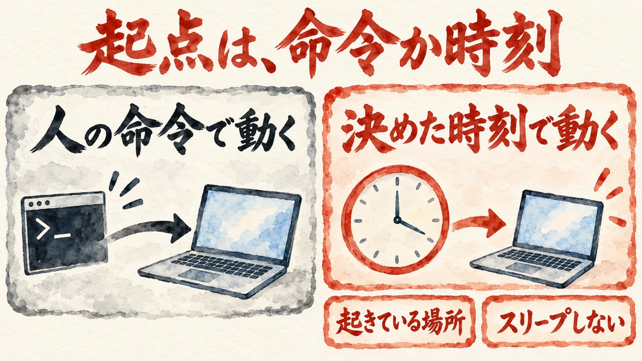 時刻を起点に動かす図解。左の灰色のカードに人の命令で動く、右の朱色の枠のカードに決めた時刻で動く、と並べ、右のカードの下に起きている場所、スリープしない、の札を添えている
