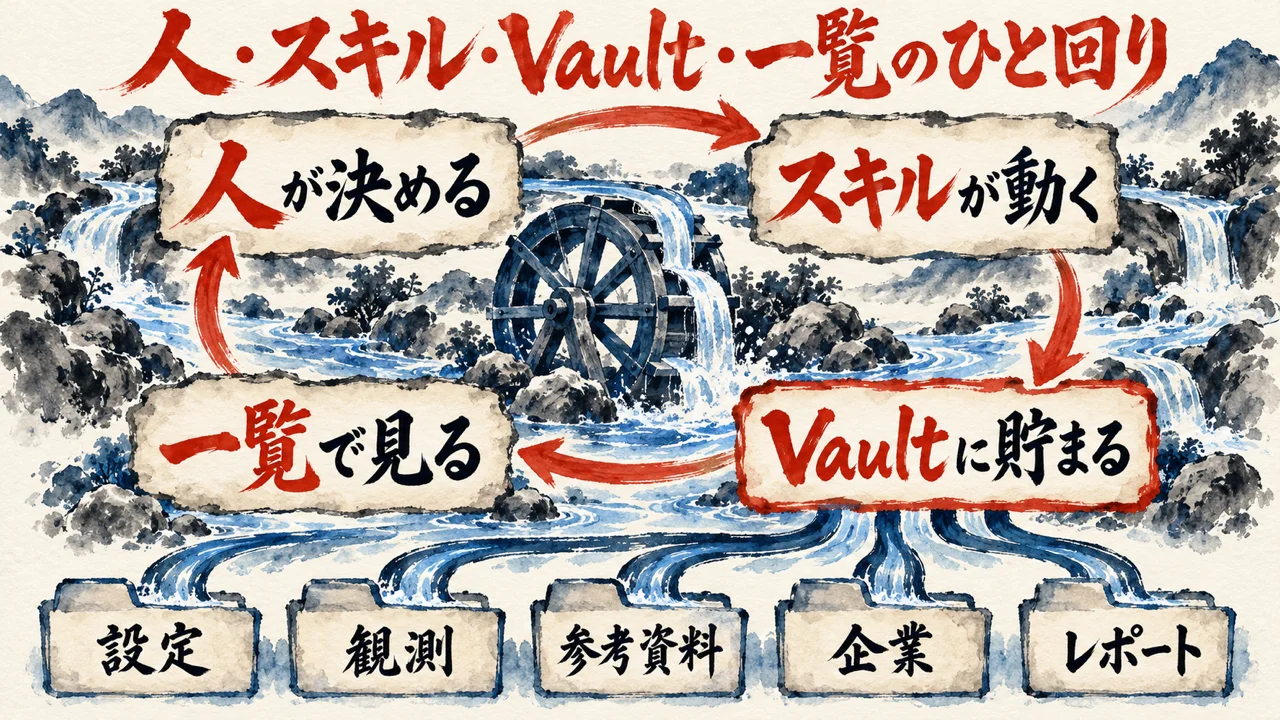 人が決める、スキルが動く、Vaultに貯まる、一覧で見る、の4つがひと回りする全体像の図解