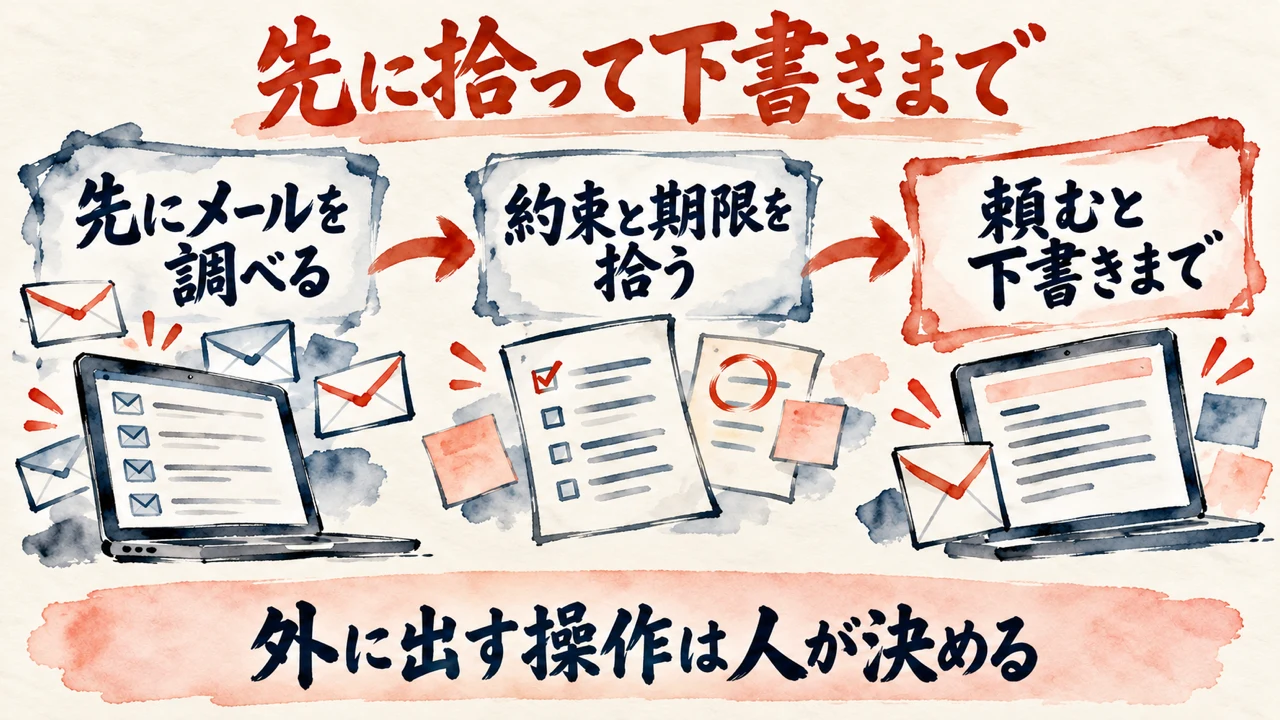 メール確認の図解。左から、dotが先にメールを調べる、約束と期限を拾う、頼まれたら下書きまで、の三つの札を矢印で並べ、下に外に出す操作は人が決める、と添えている