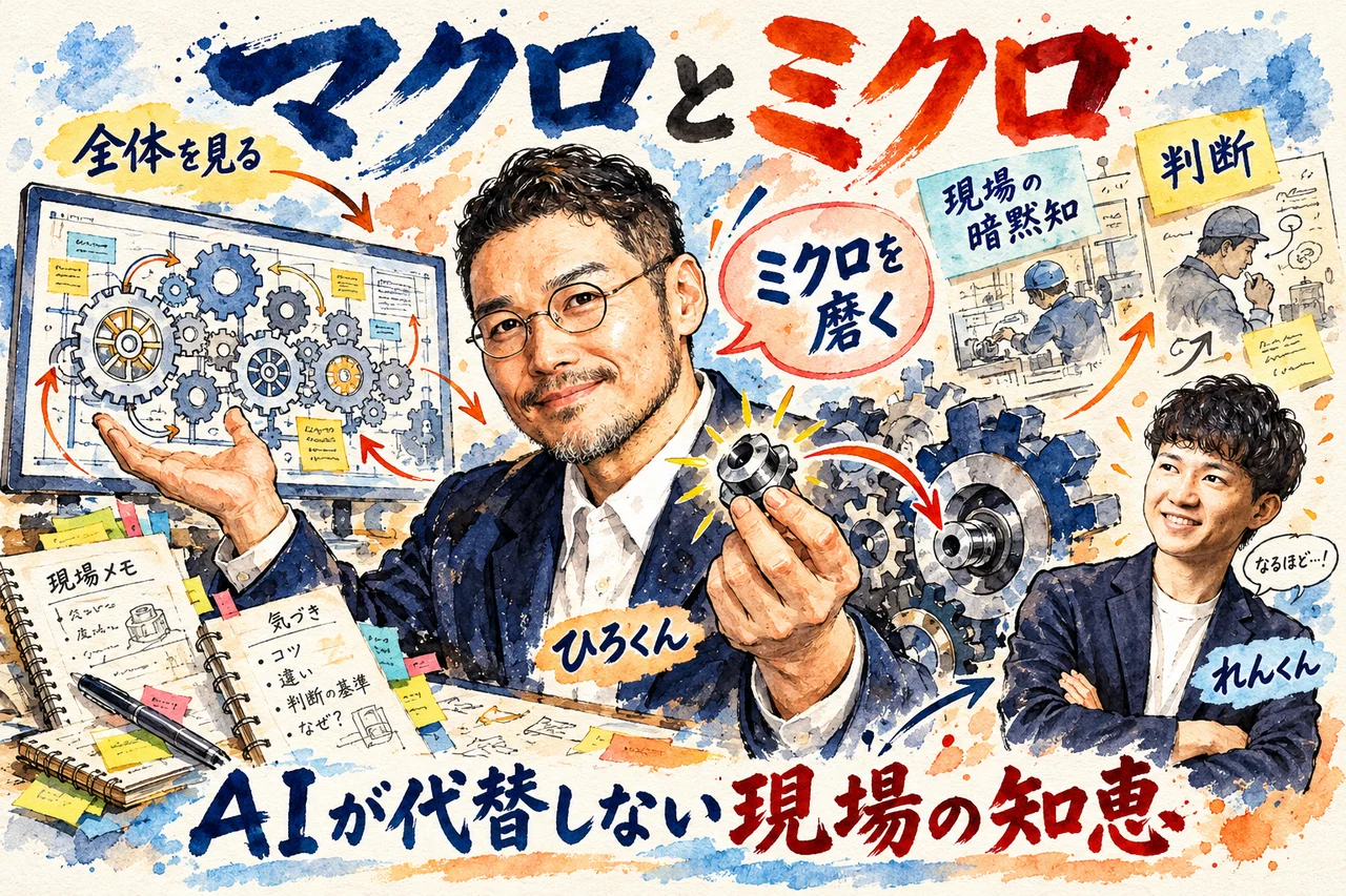 マクロとミクロ｜ひろくんが細部を磨く考えを話し、れんくんが聞いている場面