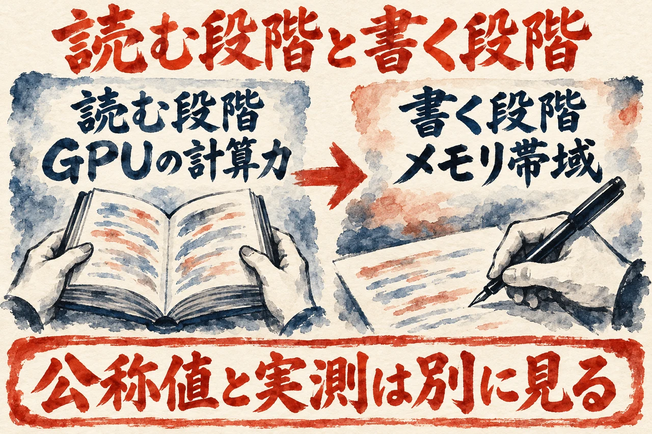 推論の二つの段階の図解。左に読む段階でGPUの計算力、右に書く段階でメモリ帯域、と並び、下に公称値と実測は別、と添えている
