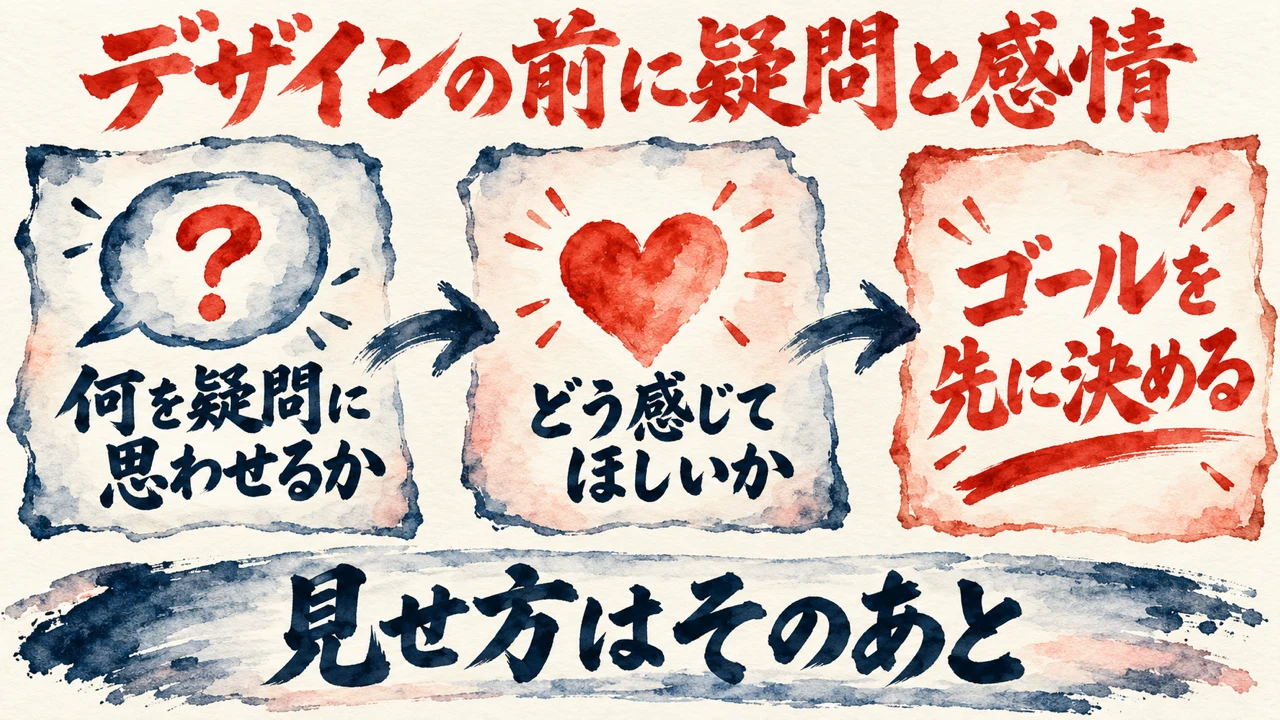 デザインの前に疑問と感情を決める図解。何を疑問に思わせるか、どう感じてほしいか、ゴールを先に決める、の3枚の札が矢印でつながり、下の帯に見せ方はそのあとと書かれている。