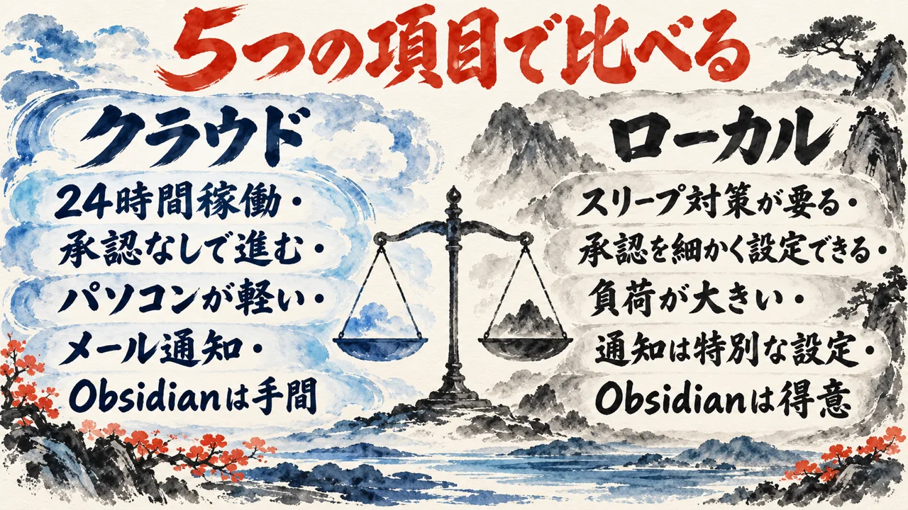 クラウドとローカルを比べる図解。左のカードにクラウドで、24時間稼働・承認なし・パソコンに負荷がない・メール通知・Obsidianは手間、右のカードにローカルで、スリープ対策が必要・承認を細かく設定できる・負荷が大きい・通知は特別な設定・Obsidianは得意、と並べ、下に5つの項目で比べる、と添えている