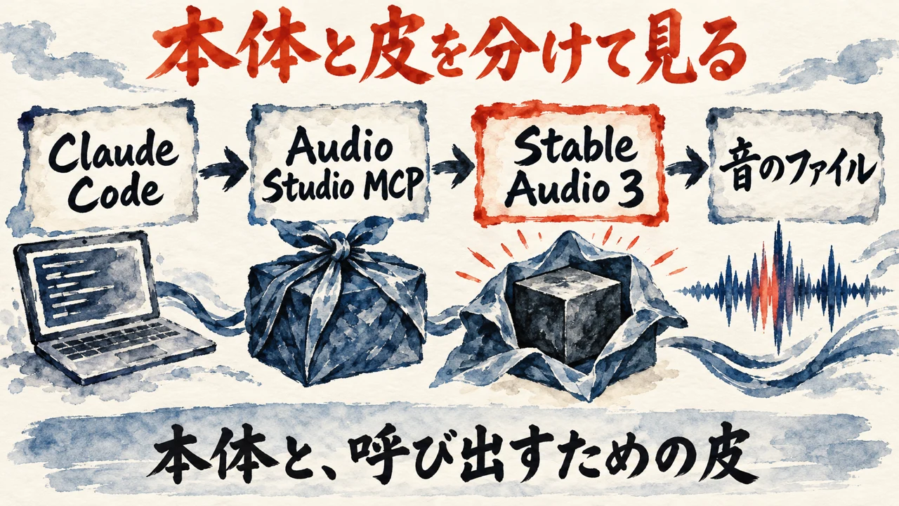 しくみの図解。左から、Claude Code、Audio Studio MCP、Stable Audio 3、音のファイルと矢印で並べ、朱色の枠でStable Audio 3が本体、Audio Studio MCPが呼び出しやすくする皮、と添えている