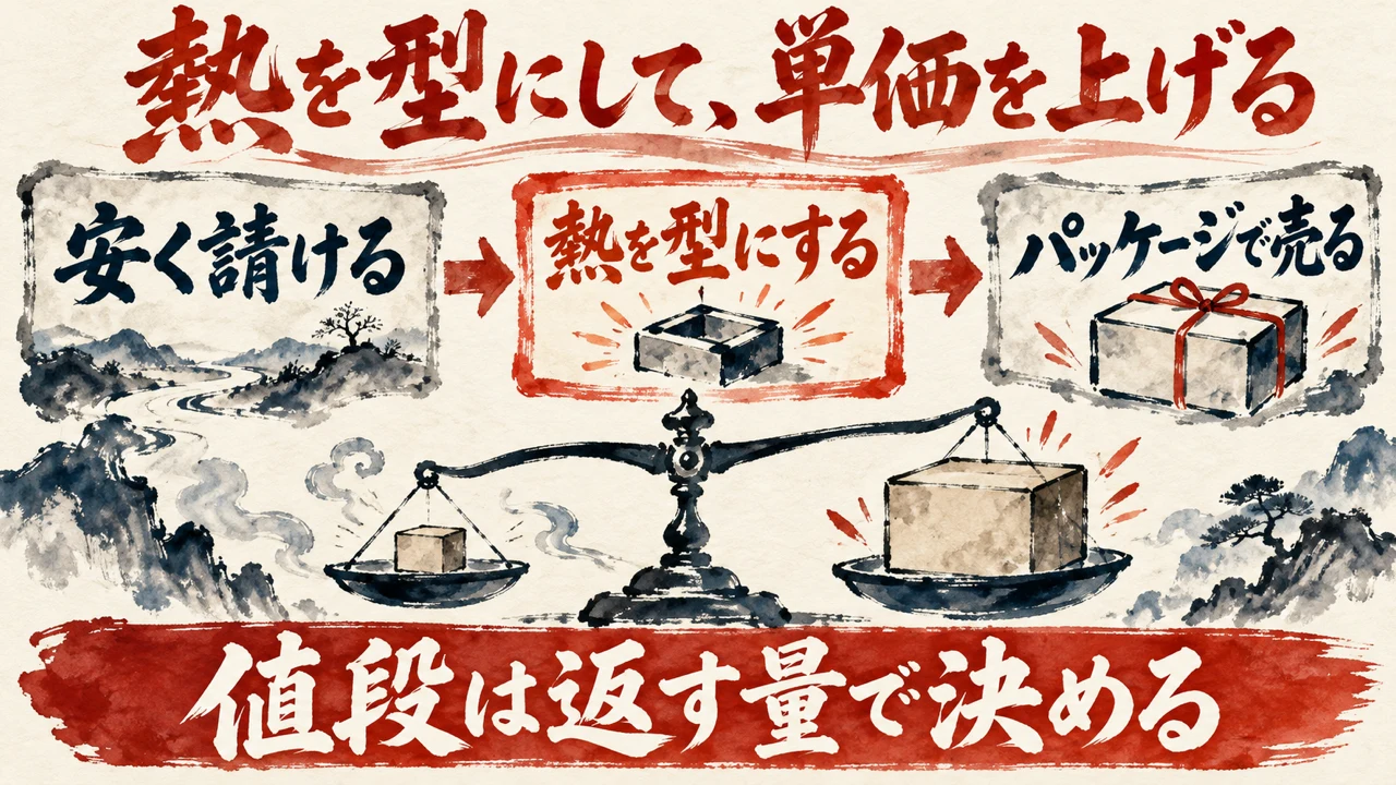 図解。安く請ける、熱を型にする、パッケージで売る、と進む流れ。下の帯に、値段は返す量で決める、と書かれ、小さな箱と大きな箱を載せた天秤が描かれている