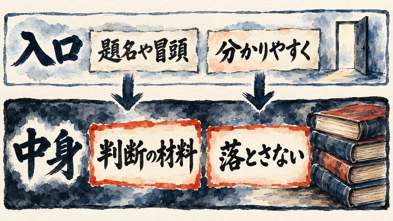 上の薄い入口(題名や冒頭・分かりやすく)と、下の落とさない中身(判断の材料)を、二重に重ねて描いた階層の図解