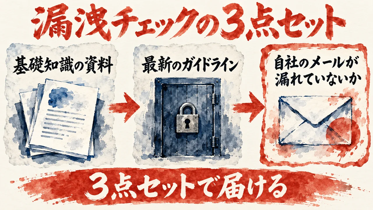 ダークウェブの漏洩チェックの図解。基礎知識の資料、最新のガイドライン、自社のメールが漏れていないか、の3枚の札が矢印でつながり、下の帯に3点セットで届けると書かれている。