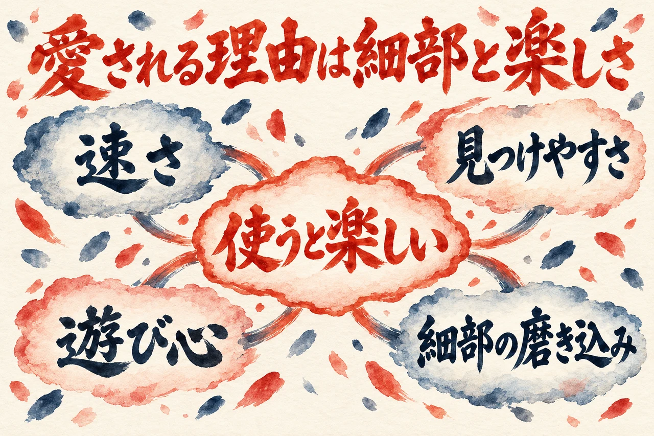 愛される理由の図解。速さ、見つけやすさ、遊び心、細部の磨き込みの四つの札が並び、真ん中に楽しさ、と添えている