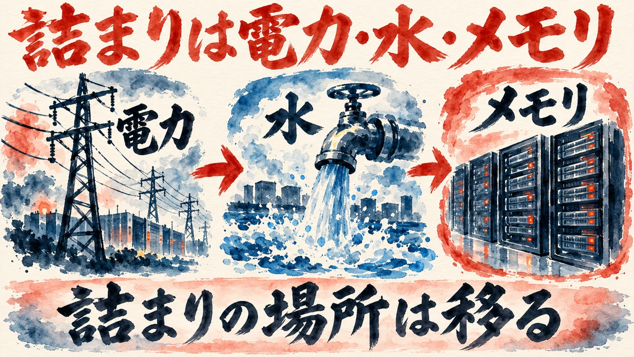 和紙に描いた水彩の図解。電柱の電力、蛇口の水、棚のメモリが矢印で横に並び、下の帯に詰まりの場所は移る、と書かれている。