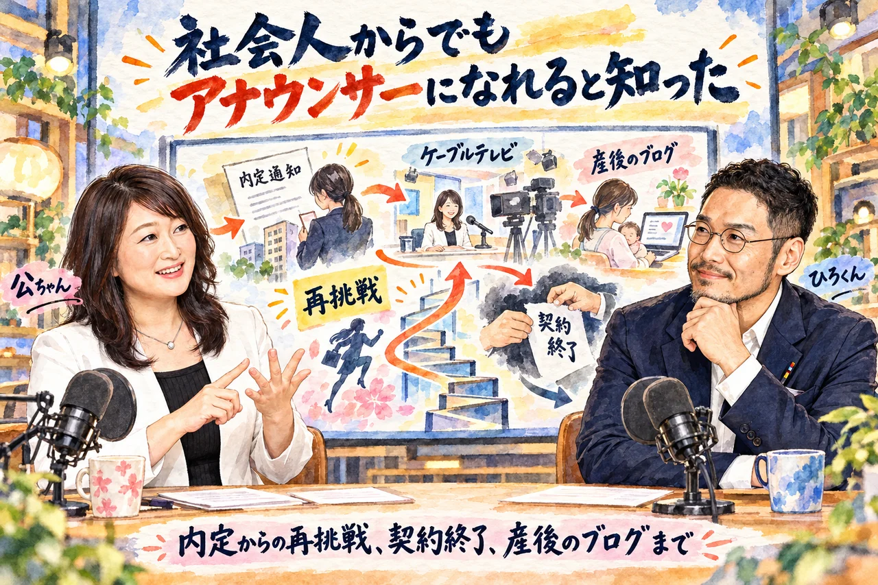 社会人からでもアナウンサーになれると知った｜内定からの再挑戦、契約終了、産後のブログまでを公ちゃんが語り、ひろくんがうなずく場面