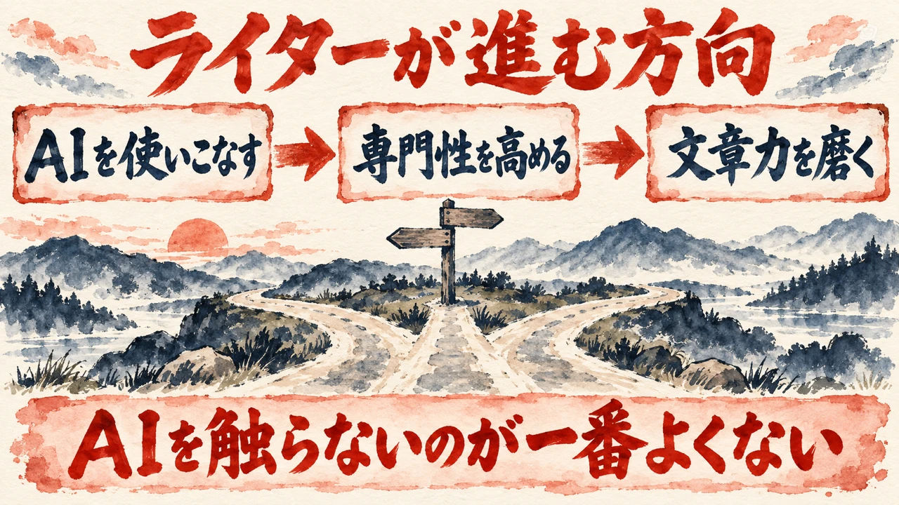 「ライターが進む方向」の図解。「AIを使いこなす」「専門性を高める」「文章力を磨く」の三つの札と、三つに分かれる道の水彩画。下の帯に「AIを触らないのが一番よくない」