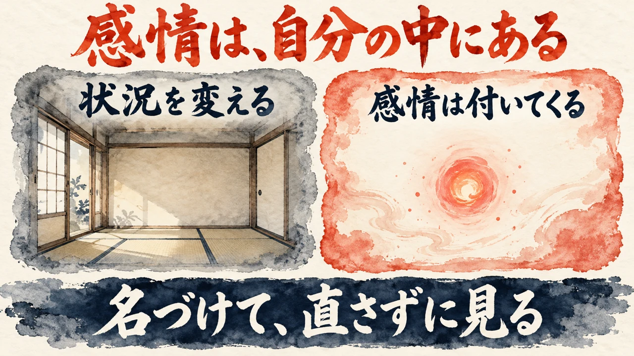 図解: 左は状況を変えた空の和室、右は感情は付いてくる、の赤い渦。名づけて、直さずに見る