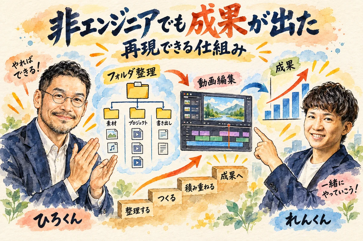 フォルダの情報とスキルを見ながらClaude Codeで成果物を作り改善を重ねる様子を描いたグラレコ