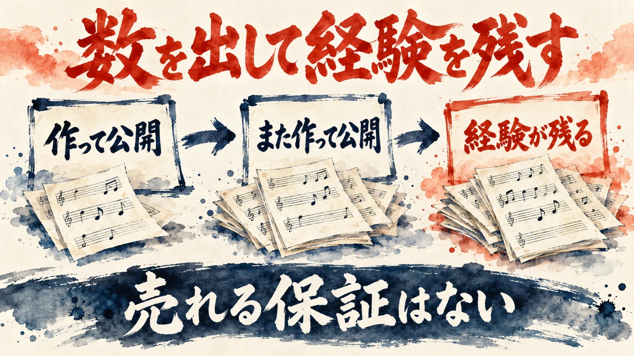数を出す図解。作って公開、また作って公開、経験が残る、の3枚の札が矢印でつながり、下の帯に売れる保証はないと書かれている。