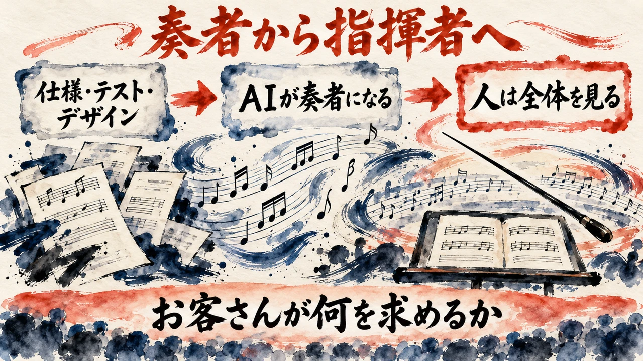奏者から指揮者への図解。仕様・テスト・デザイン、AIが奏者になる、人は全体を見る、の3枚の札が矢印でつながり、下の帯にお客さんが何を求めるかと書かれている。
