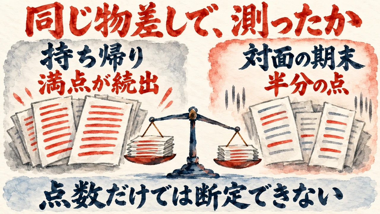 図解: 題字は、同じ物差しで測ったか。左は持ち帰り、満点が続出の答案の束。右は対面の期末、半分の点の答案。中央に天秤。下の帯は、点数だけでは断定できない
