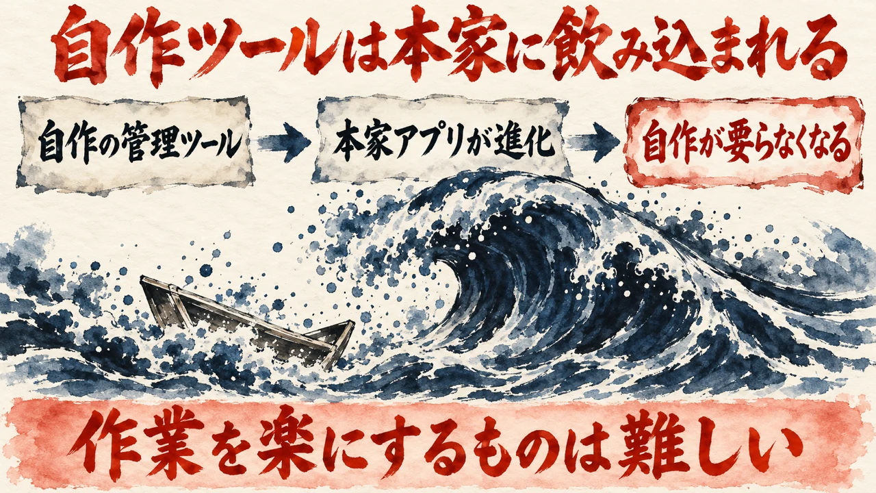 「本家に飲み込まれる」の図解。「自作の管理ツール」「本家アプリが進化」「自作が要らなくなる」の三つの札と、下の帯に「作業を楽にするものは難しい」