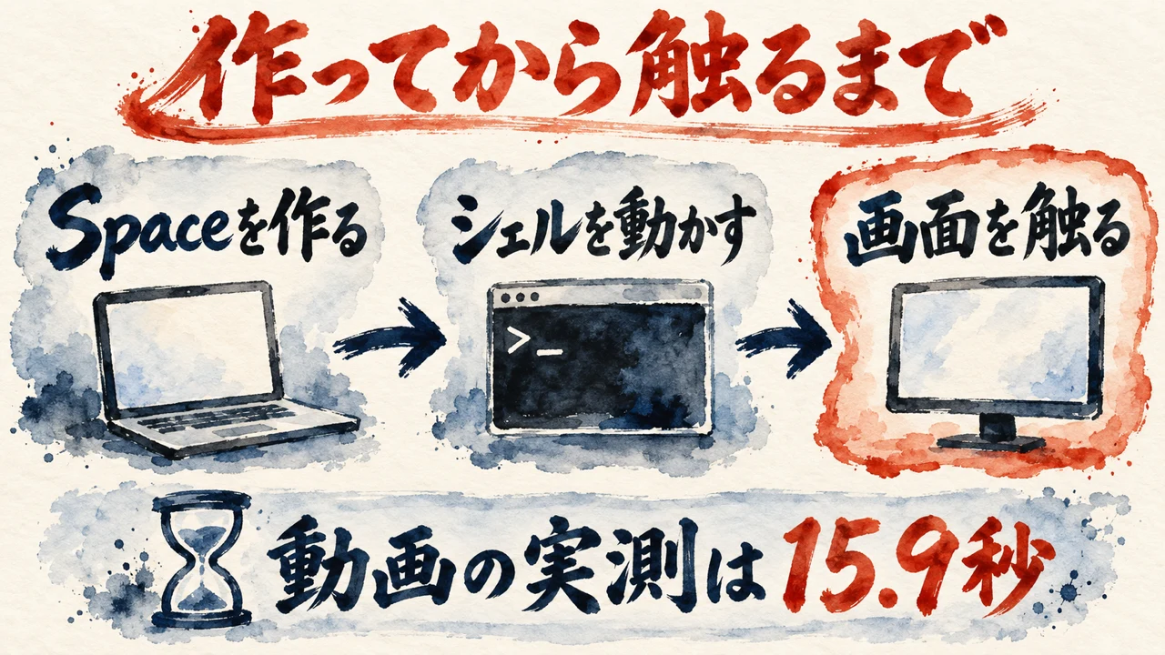 「作ってから触るまで」の図解。「Spaceを作る」「シェルを動かす」「画面を触る」の三つの札と砂時計。下の帯に「動画の実測は15.9秒」