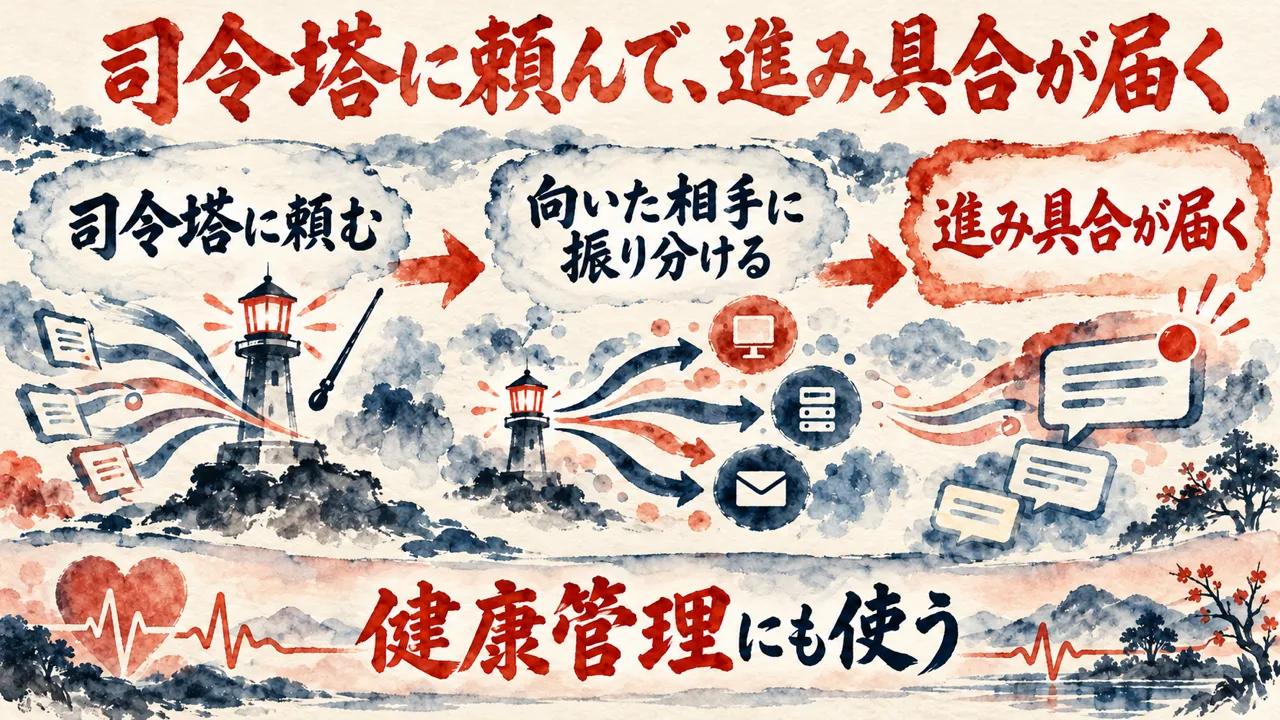 図解。司令塔に頼む、向いた相手に振り分ける、進み具合が届く、の三つが矢印でつながり、灯台と吹き出しが描かれ、下の帯に健康管理にも使うと書かれている。
