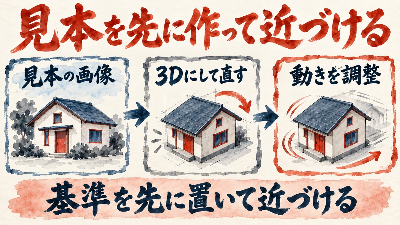 見本を先に作って近づけるという図解。見本の画像、3Dにして直す、動きを調整の3枠に同じ赤い扉の家が並び、矢印でつながる。下に基準を先に置いて近づけるの帯