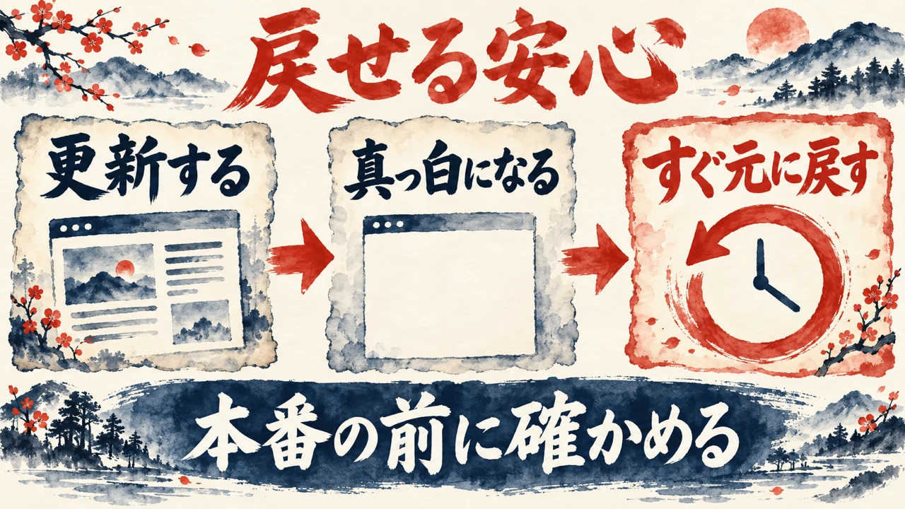 「戻せる安心」の図解。「更新する」「真っ白になる」「すぐ元に戻す」の三つの札が矢印で並び、下の帯に「本番の前に確かめる」
