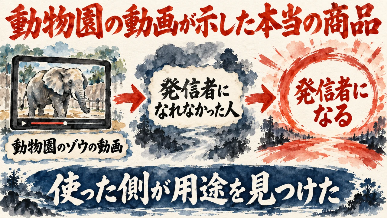 和紙に描いた水彩の図解。動物園のゾウの動画、発信者になれなかった人、発信者になる、の3つが矢印でつながり、下の帯に使った側が用途を見つけた、と書かれている。
