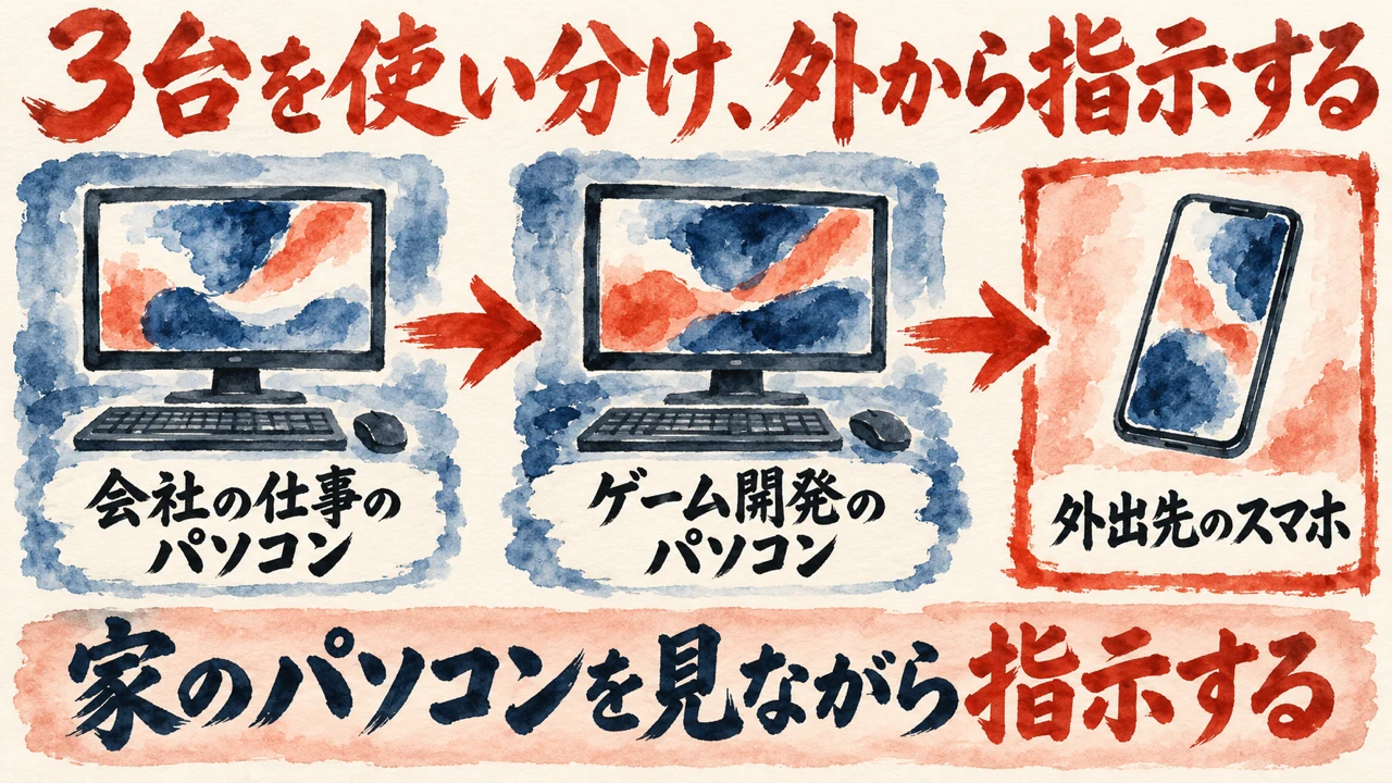 和紙に描いた水彩の図解。会社の仕事のパソコン、ゲーム開発のパソコン、外出先のスマホ、の3つが矢印でつながり、下の帯に家のパソコンを見ながら外から指示する、と書かれている。