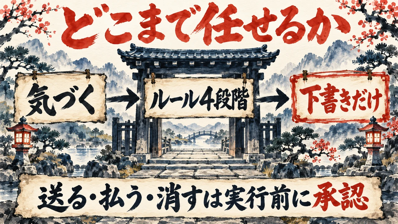 「どこまで任せるか」の図解。「気づく」「ルール4段階」「下書きだけ」の三つの札と、門と見張りの水彩画。下の帯に「送る・払う・消すは実行前に承認」