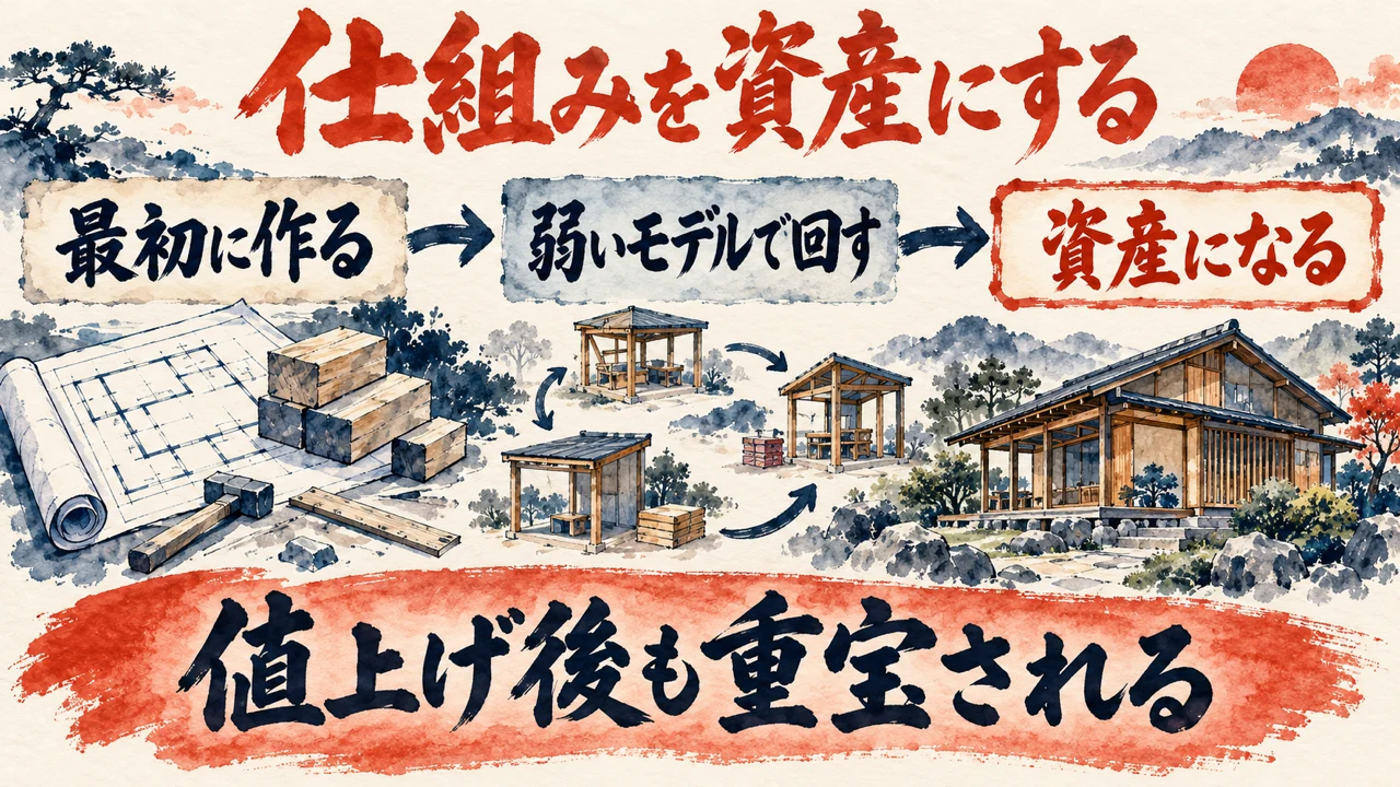 「仕組みを資産にする」の図解。「最初に作る」「弱いモデルで回す」「資産になる」の三つの札と積み木の水彩画。下の帯に「値上げ後も重宝される」