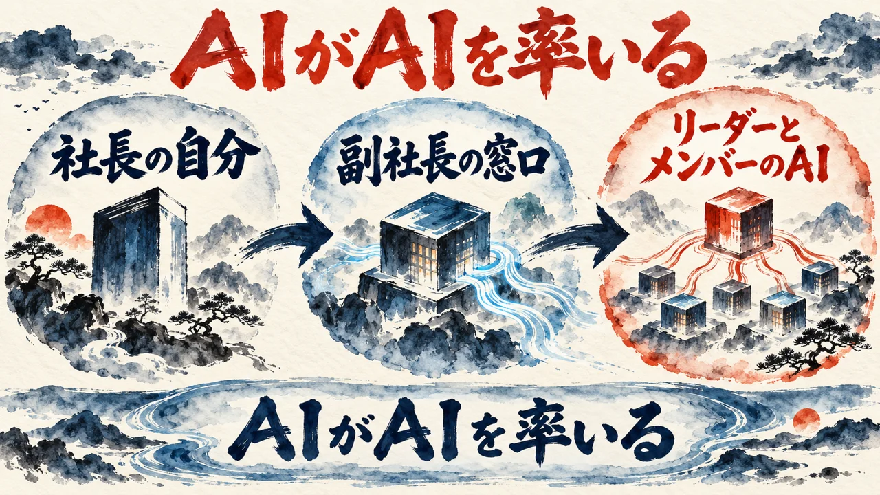 AIがAIを率いる図解。社長の自分、副社長の窓口、リーダーとメンバーのAI、の3枚の札が矢印でつながり、下の帯にAIがAIを率いると書かれている。